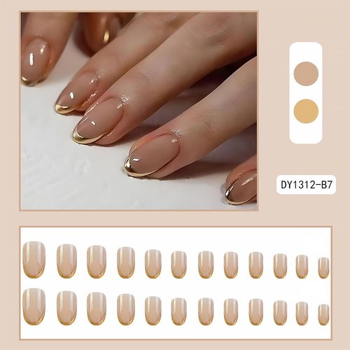 24Pcs Gold French Tip Press on Nails Short Almond Fake Nails Artificial Glossy Designs Glue on Nails Nude Pink Full Cover Stick on Nails French False Nails for Women Girls Acrylic Nails Decorations