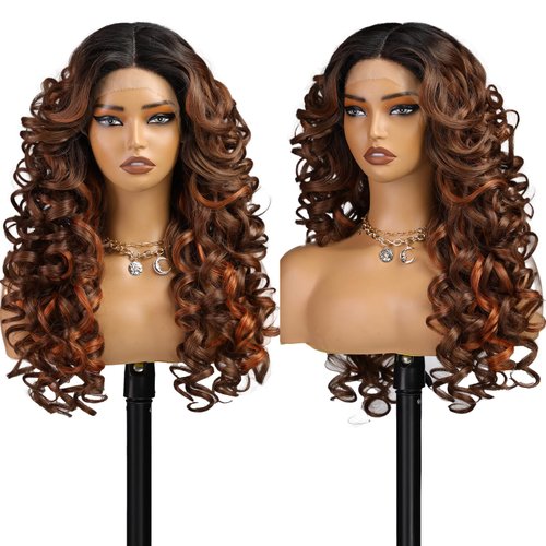 starluck 22 Inch Lace Front Wigs Synthetic Hair Pre Plucked Hairline 13x4x1 HD Transparent Lace Wigs(Ombre Brown Copper)