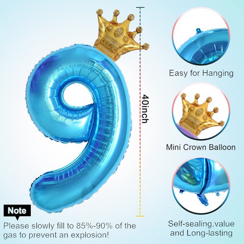 40 Inch Light Blue Number 9 and Mini Crown Balloon for 9th Birthday Party Decorations, Light Blue Birthday Party Balloons Decorations Supplies