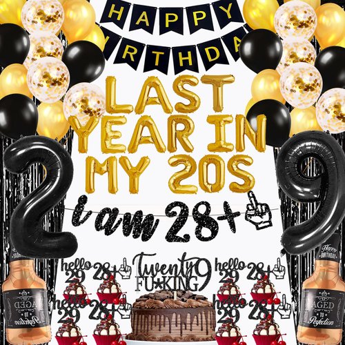 29th Birthday Decorations Party Supplies for Men Last Year in My 20s Balloons I AM 28+1 Glitter Banner 29th Birthday Foil Balloons Whiskey Balloon Cake Topper Cupcake Toppers