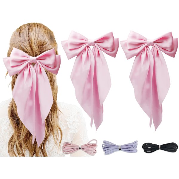 PQZKLDP 2PCS Silky Satin Hair Bows Big Versatile Hair Bows Cute Clips for Girls & Women Pink Hair Bow Ribbons Oversized Long Tail Metal Clips Bowknot Aesthetic Hair Accessories (PD 210)