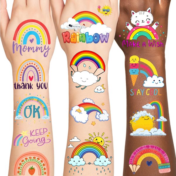 96 PCS Rainbow Individually Wrapped Tattoos, Rainbow Tattoo Stickers, Rainbow Party Decorations, Rainbow Birthday Decorations, Rainbow Party Favors, Gifts Rewards Activity for Kids Boys Girls
