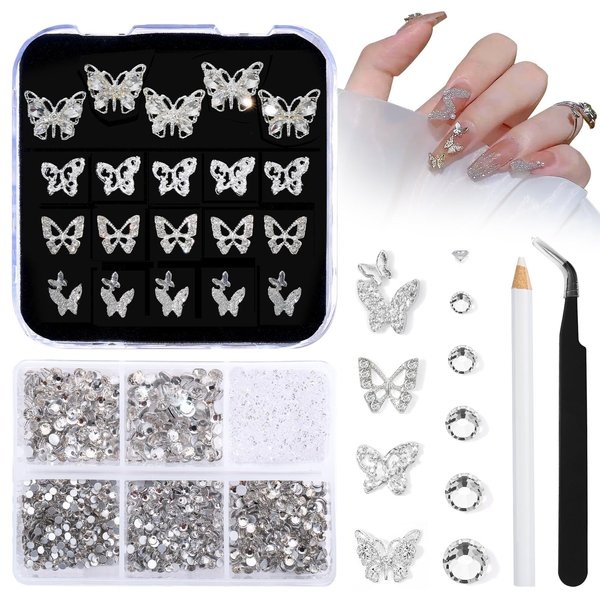 MYYKO Silver Butterfly Heart Star Cross Nail Charms, Nail Stones Alloy Nail Art Decoration, for Acrylic NailsNail Jewels Accessories for Nail Art Supplies Manicure Craft DIY