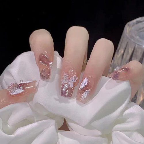 LTTECH Pink Glitter Press on Nails Medium Coffin Fake Nails with Glue on Nails Butterfly and Rose Designs Glossy False Stick on Nails for Women and Girls