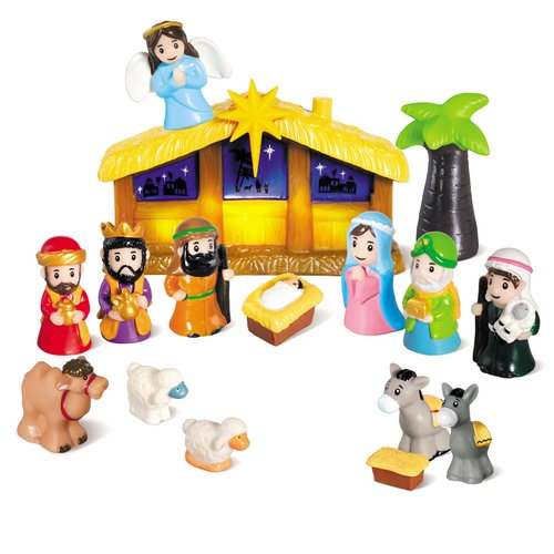 HOTFUN Lighted Nativity Set for Kids, Christmas Story Nativity Playset Figures, 17 Pcs Childrens Nativity Set with Baby Jesus Mary Joseph & Manger, Little Nativity Scene for Preschool Boys Girls