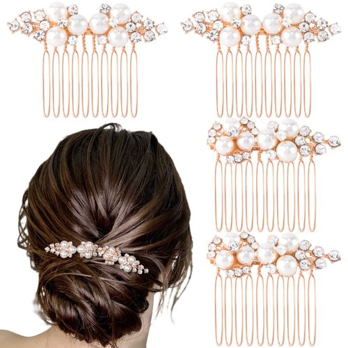 HINZIC 4PCS Gold Pearl Rhinestone Hair Comb for Women, Wedding Bridal Headpiece Crystal Hair Clip Hair Accessories for Girls Bride Party Prom