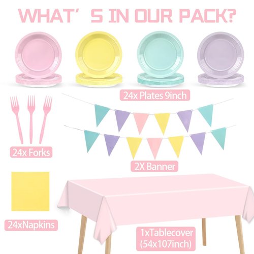 Pastel Birthday Party Decorations Macaron Color Plates and Napkins Preppy Birthday Party ableware Tablecloths Set serve 24 for Baby Shower Ice Cream Wedding Party Outdoor Garden Hanging Decorations