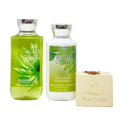 Bath & Body Works White Citrus Duo Bundle - Shower Gel and Body Lotion - with a Creamy Rose Bar Soap - Full Size