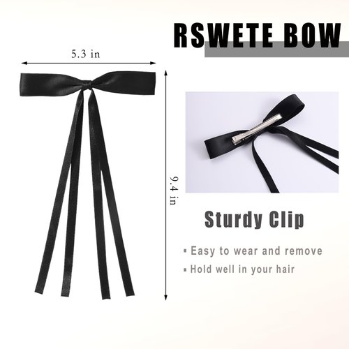 RSWETE 4PCS Hair Bows Hair Clip, Black Beige Hair Ribbon Hair Bows with Long Tail Cute Bow Hair Accessories Hair Barrettes for Women Girls Kids