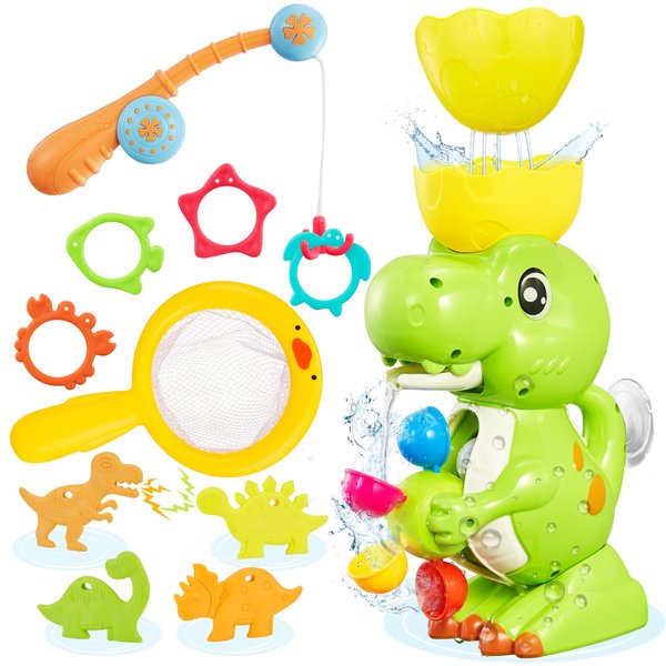 EKUEASYKU Dinosaur Bath Toys for Kids Ages 1-3 2-4 4-8 Toddler Bath Toys Whirling Waterfall Water Toys Fishing Games Bathtub Bath Time Tub Toys Girls Boys Color Movement Learning