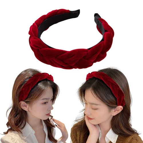 Kilener Red Velvet Headband Braided Headbands for Women Girls Velvet Head Bands No Slip Fashion for Women Padded Braid Headband for Girls Velvet Braided Headband Vintage Hair Accessories
