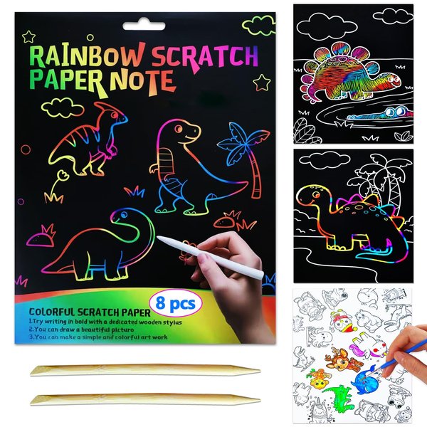 JUNQIU Scratch Art for Kids, Rainbow Scratch Paper Art Set - Dinosaurs, Arts and Crafts for Kids Ages 4-8 Girls Boys, Kids Activity & Christmas Crafts, Stocking Stuffers for Kids