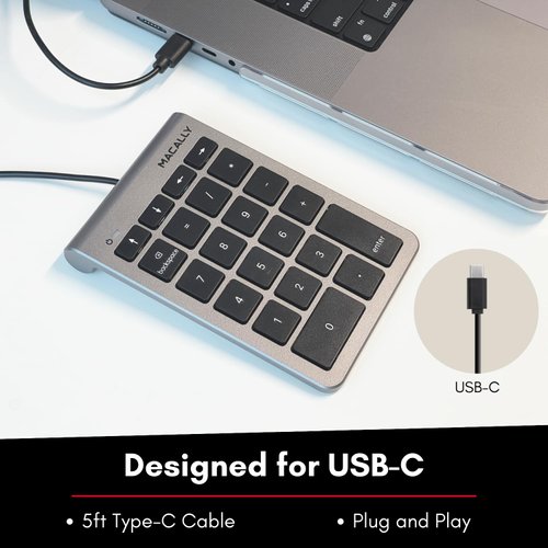 Macally Wired USB C Numeric Keypad for Mac - Work Better - Type C Number Pad for MacBook Pro/Air, iMac, and PC - USB C Wired Number Pad with 5ft Cable and Arrow Keys - 10 Key USB Keypad for Laptop