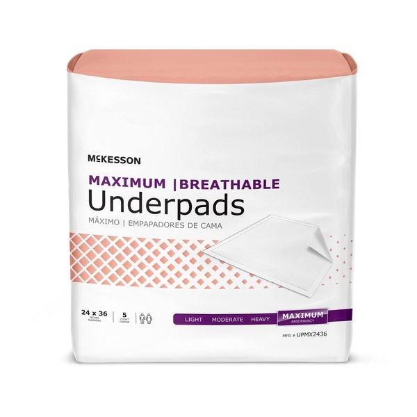 McKesson Maximum Breathable Underpads, Incontinence Bed Pads, Maximum Absorbency, 24 in x 36 in, 5 Count