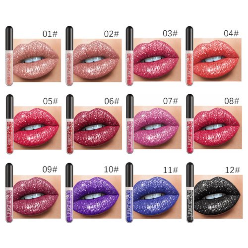 BIOKUSY 12 Colors Glitter Lip Gloss Set, Black Blue Purple Matte Diamond Shimmer Metallic Liquid Lipstick Set, 24 Hours Long Lasting Waterproof Glossy Lipstick Kit Halloween Makeup Gife for Women