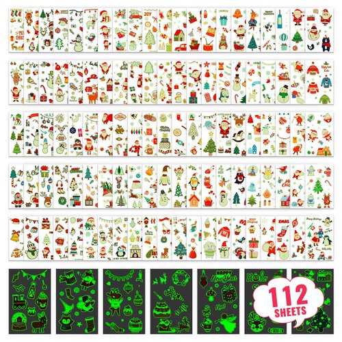 Cerlaza 112 Sheets (1200+) Glow Christmas Tattoos for Kids, Christmas Party Decorations/School Supplies Toys/Stocking Stuffers, Luminous Christmas Temporary Tattoos Stickers for Girls Boys