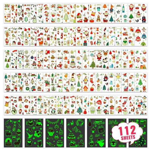 Cerlaza 112 Sheets (1200+) Glow Christmas Tattoos for Kids, Christmas Party Decorations/School Supplies Toys/Stocking Stuffers, Luminous Christmas Temporary Tattoos Stickers for Girls Boys