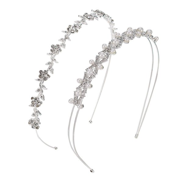 Pangda 2 Pieces Rhinestone Bridal Crystal Women's Headband Wedding Flower Girl Pearl Diamond Slim Thin Silver Flower Leaves Crown Hair Band Accessories Headpiece Tiara for Bride Bridesmaids