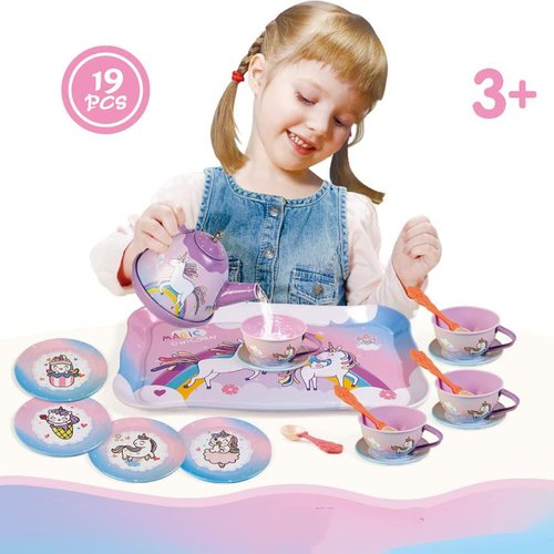 19Pcs Rainbow Unicorn Toys Tea Party Set for Little Girls, Birthday Gift for Age 3 4 5 6 Year Old, Princess Tea Time Set Toys for Little Girls, Kids Toddlers Kitchen Pretend Toy with Tin Tea Set