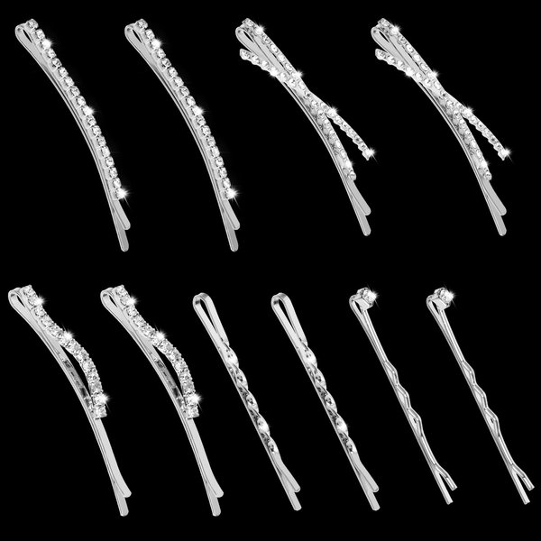 10Pcs Rhinestone Bobby Pins Crystal Bobby Pins Diamond Bobby Pins Bling Hair Pins Shiny Fancy Metal Barrettes I S X Shaped Diamond Hair Accessories For Women Girls Party Wedding Daily(Silver)