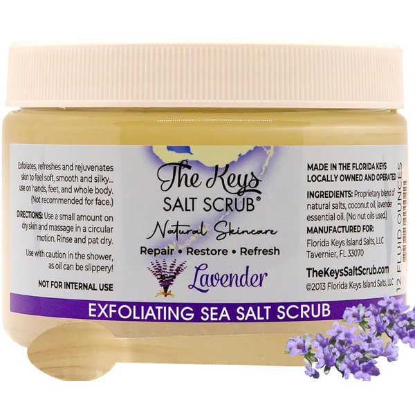 The Keys Salt Scrub - Lavender Sea Salt Scrub - Exfoliating Body Scrub with Wooden Spoon - Moisturizing Exfoliator for Face, Hands, Foot, Bath, Manicure & Pedicure, and Bikini Area Skin Care (12 oz.)