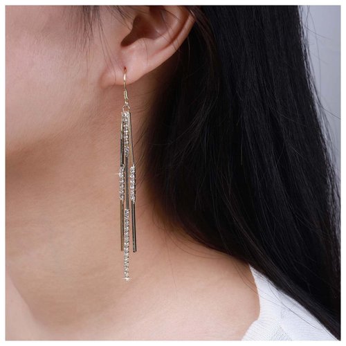 Sttiafay Vintage Crystal Tassel Earrings Rhinestone Bar Drop Earrings Long Rhinestone Chain Earrings Gold Cz Bar Hook Earrings Sparkle Tennis Chain Earrings Jewelry for Women