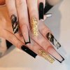 Press on Nails Long Glossy Artificial Coffin Fake Nails with Black Gold Foil Designs Full Cover Reusable False Nails Black French Tips Acrylic Stick on Nails for Women DIY Manicure Tips Decorations