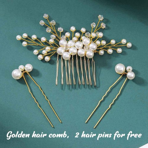 Yokawe Bridal Wedding Hair Comb Gold Crystal Bride Side Combs Pearl Hair Accessories for Women and Girls