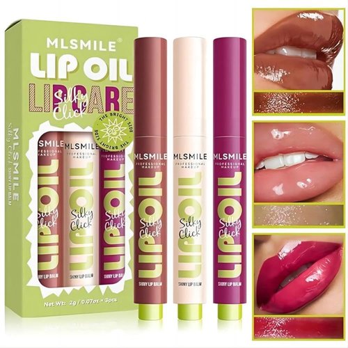 3 Colors Fat Lip Oil Click Slick,Non-stick and High Pigment Lip Glow Oil, Lightweight Lip Plumper with Coconut Oil,Moisturizing and Long-lasting Lip Balm (Set: B)