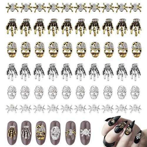 60 Pcs 3D Halloween Nail Art Charms Skull Spider with Rhinestones, TOROKOM Vintage Skeleton Hand Alloy Nail Art Jewelry Decoration Halloween Nail Glitters for DIY Nail Tip Crafts (Gold & Siliver)