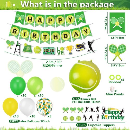 Tennis Party Decorations, Includes Tennis Happy Birthday Banner, Tennis Balloons, Cupcake Toppers, Tennis Party Supplies for Men Women Kids Sports Theme Birthday Party Tennis Ball Party