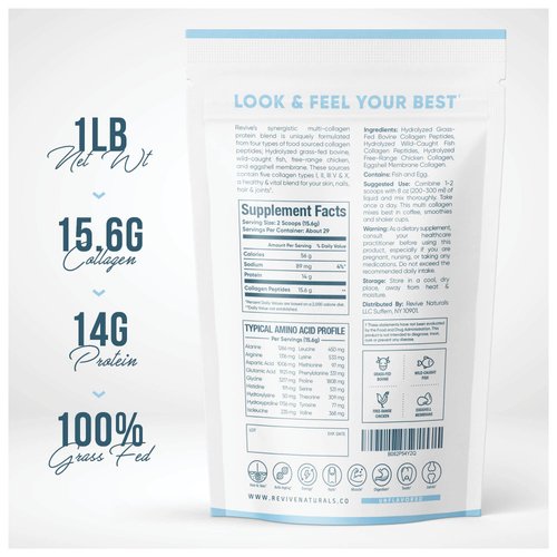 Multi Collagen Hydrolyzed Protein Powder (16oz) - Types I, II, III, V & X - Grass Fed Bovine (Peptan®), Wild Caught Marine, Free Roaming Chicken & Eggshell Collagen Peptides, Non-GMO, GF.