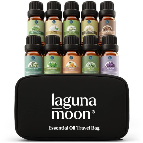 Essential Oils Set - 10pc Aromatherapy Oil in Portable Bag - Diffusers, Humidifiers, Yoga Room, Massages, Candle Making, Soaps - Peppermint, Tea Tree, Lavender, Eucalyptus, Lemongrass (10mL)