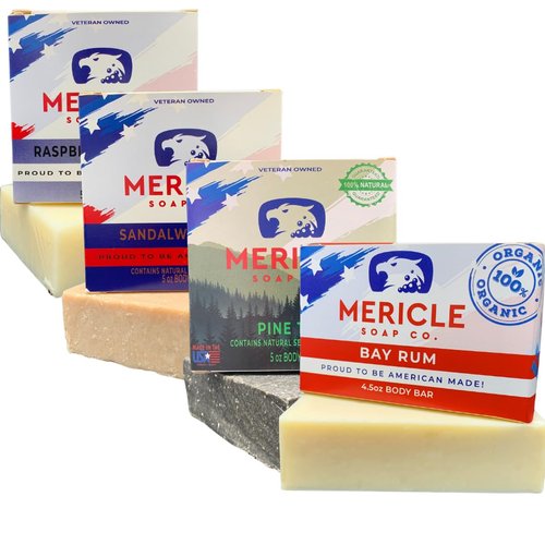 Mericle Soap Co. All Natural Bar Soap, 4 Bar Variety Pack - Pine Tar, Black Raspberry Vanilla, Sandalwood Rose, and Bay Rum | Natural | Made in the USA | Veteran Owned | No Harsh Chemicals