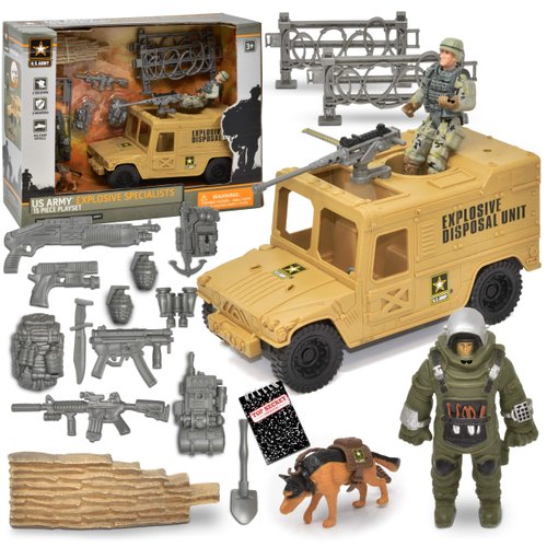 US Army Men Action Figure Playset, Explosive Specialists 15 Piece Set, Military Vehicle, 2 Soldier Men, Weapons, Military and Tactical Backpacks, Sandbag and Roadblock Barriers, Top Secret Notepad