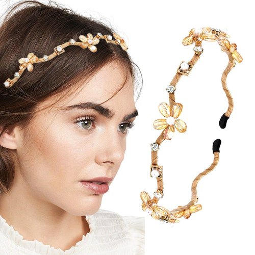 Firuilo Gold Rhinestones Headbands Crystal Pearl Flower Hair Bands Wave Thin Beaded Headbands Bri...