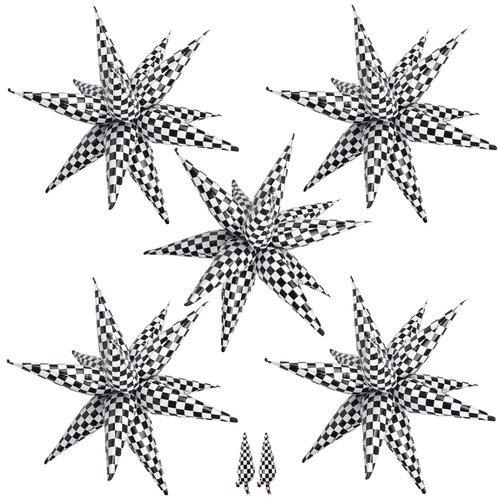 Gifloon 62Pcs Checkered Star Balloons 12 Spike Explosion Foil Balloon for Racing Themed Birthday Party Decorations, Black and White