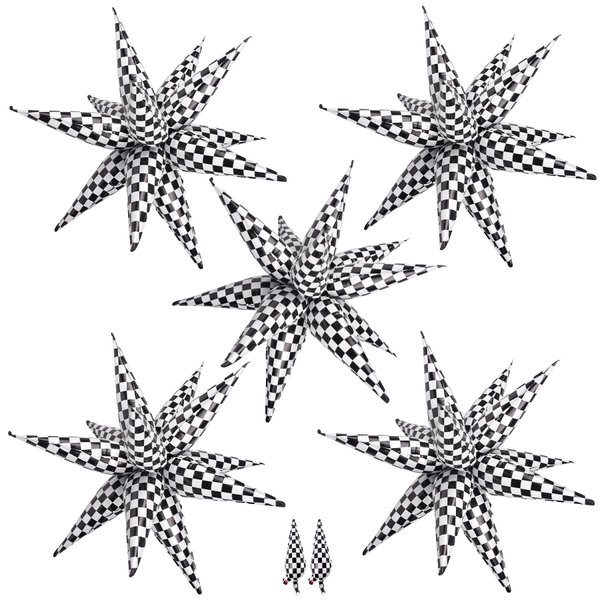 Gifloon 62Pcs Checkered Star Balloons 12 Spike Explosion Foil Balloon for Racing Themed Birthday Party Decorations, Black and White