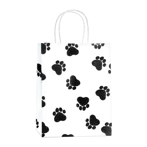 BagDream Gift Bags 8x4.25x10.5 Kraft Paper Retail Grocery Bags, Animal Party Favor Paw Prints Gift Bags with Handles, Dog's Paw Print White Bags 25Pcs