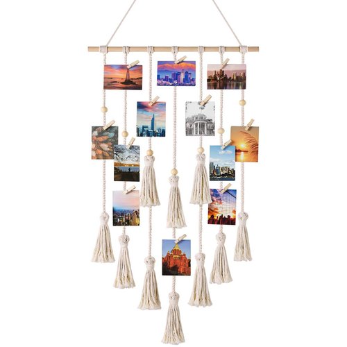 Mkono Hanging Photo Display Boho Macrame Wall Decor Teen Girl Teenage Gifts, Pictures Cards Frame Holder Wall Art Hanger for Birthday Party Room Bedroom Dorm, with 30 Wood Clips, Ivory