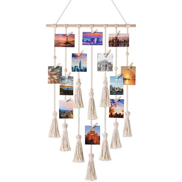 Mkono Hanging Photo Display Boho Macrame Wall Decor Teen Girl Teenage Gifts, Pictures Cards Frame Holder Wall Art Hanger for Birthday Party Room Bedroom Dorm, with 30 Wood Clips, Ivory