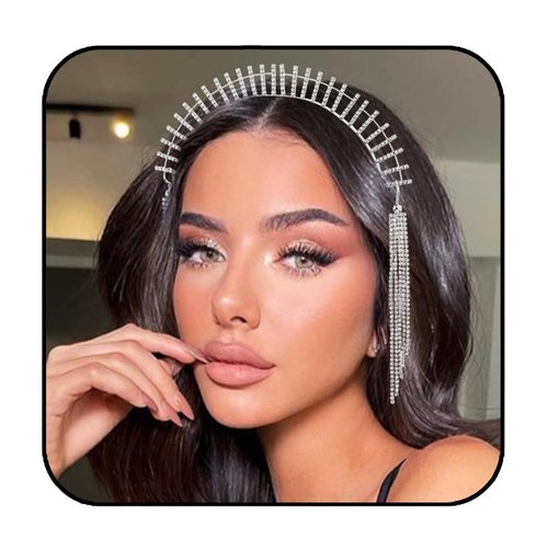 Formery Rhinestone Halo Crown Headband Silver Tassel Crystal Tiara Headpiece Party Festival Halloween Costume Spike Goddess Hair Accessories for Women