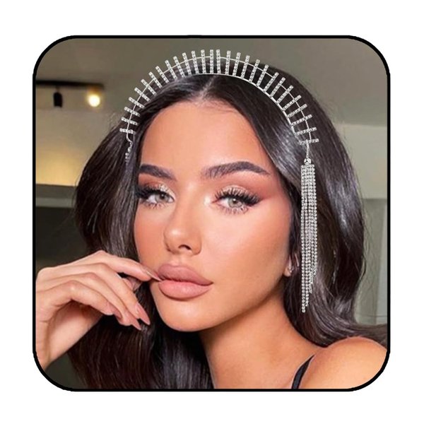 Formery Rhinestone Halo Crown Headband Silver Tassel Crystal Tiara Headpiece Party Festival Halloween Costume Spike Goddess Hair Accessories for Women