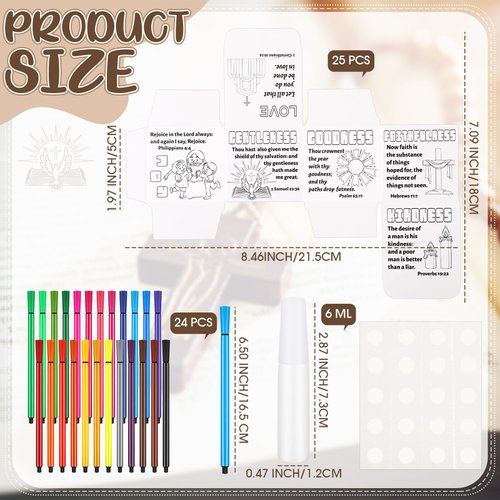 Motipuns 25 Sets Sunday School Paper Crafts 25 Bible Coloring Card Coloring Cube with 24 Watercolor Pen and 6ml Washable Liquid Glue Christian Crafts Kit for Classroom Bible Activity Party Supplies