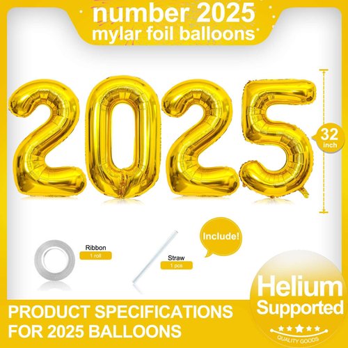 Gold 2025 Balloons, Giant 32 Inch Gold 2025 Number Balloons,2025 Happy New Year Gold Balloons for New Year Eve Party Supplies 2025, New Years Decorations 2025, Christmas, Graduations Decorations