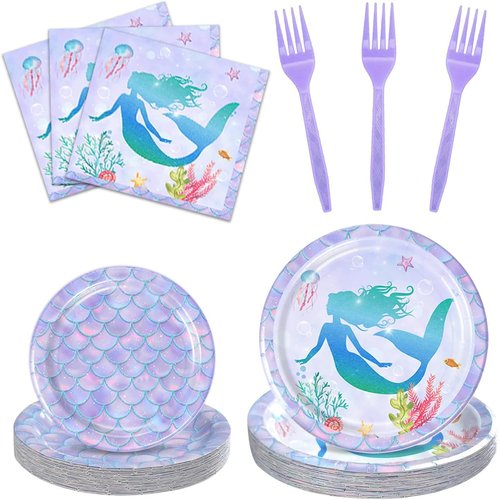 pewatul Mermaid Party Supplies, 96 Pcs Place Setting for 24 Guests, Disposable Tableware with Plates, Forks, Napkins, Birthday, Baby Shower Decorations