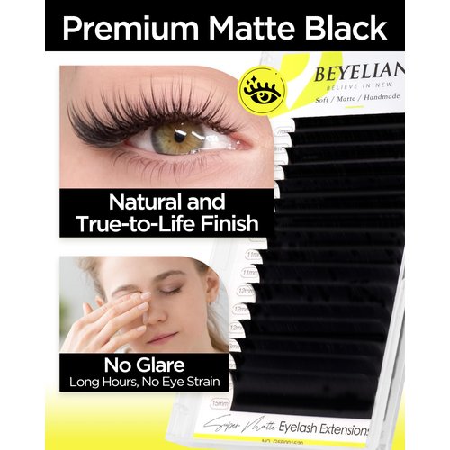 BEYELIAN Volume Lash Extensions, 0.05 D+ Curl 7-15mm Mixed 16 Rows Tray, Soft Matte Black Eyelash Extensions Volume Lashes Extension Professional Eyelashes Extension Salon Use
