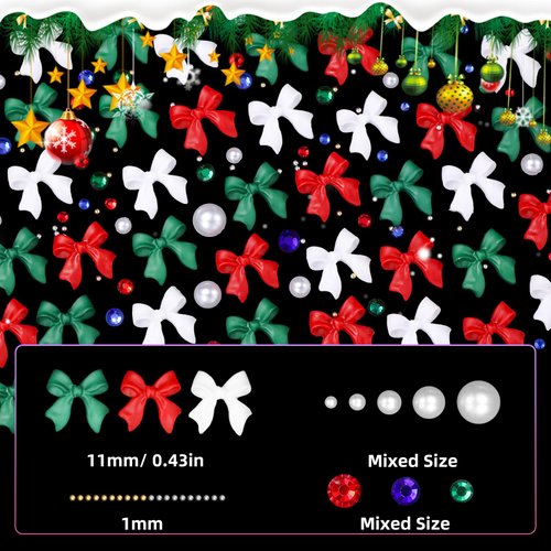 3D Bows Nail Charms, Christmas Bows Bowknots Nail Art Charms Acrylic, Bow Tie White Red Green Nail Charms Flatback Pearl AB Glass Nail Gems Charms for Nail Art Decor Accessories DIY