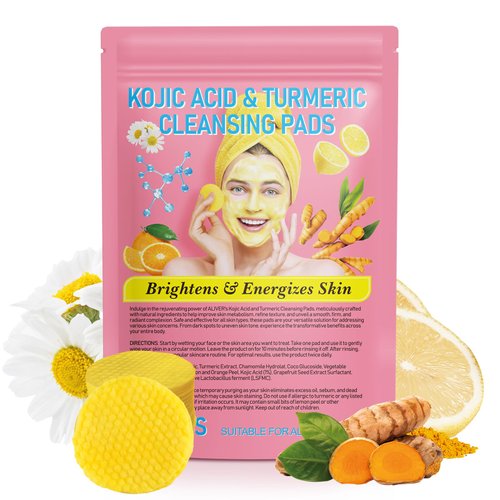 QJCWXIAOX 40PCS Kojic Acid & Turmeric Cleansing Pads, Turmeric Cleansing Cotton Pads for Face and Body, Enriched with Turmeric, Vitamin C, Chamomile and Lemon, Help to Balance Skin Oil and Water