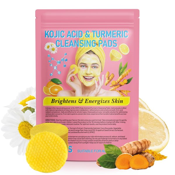 QJCWXIAOX 40PCS Kojic Acid & Turmeric Cleansing Pads, Turmeric Cleansing Cotton Pads for Face and Body, Enriched with Turmeric, Vitamin C, Chamomile and Lemon, Help to Balance Skin Oil and Water